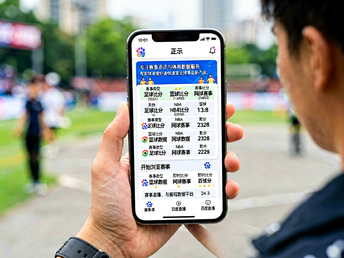 手机展示百度体育APP界面，用户正在查看实时比分数据
